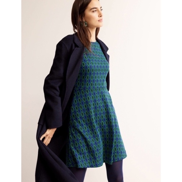 BODEN Jacquard Knit Atlantic Azure Diamond Print Dress Puff Sleeves Size 16 18 - Picture 7 of 16